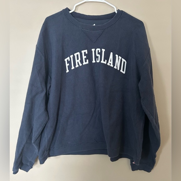 League Tops - League Blue Ribbed Crewneck Sweatshirt with White Fire Island Logo